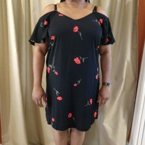 Black cold shoulder dress with red rose design